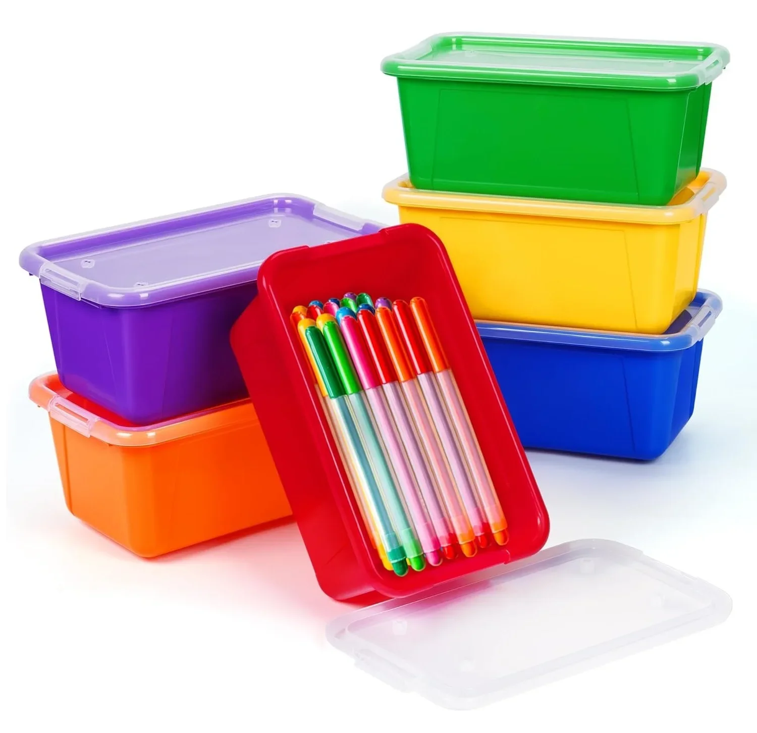 

6 Colored Plastic Storage Bins, Small Cubby Bins with Lids, Toy Storage Containers, Stackable Organizer Cubby for Classroom Home