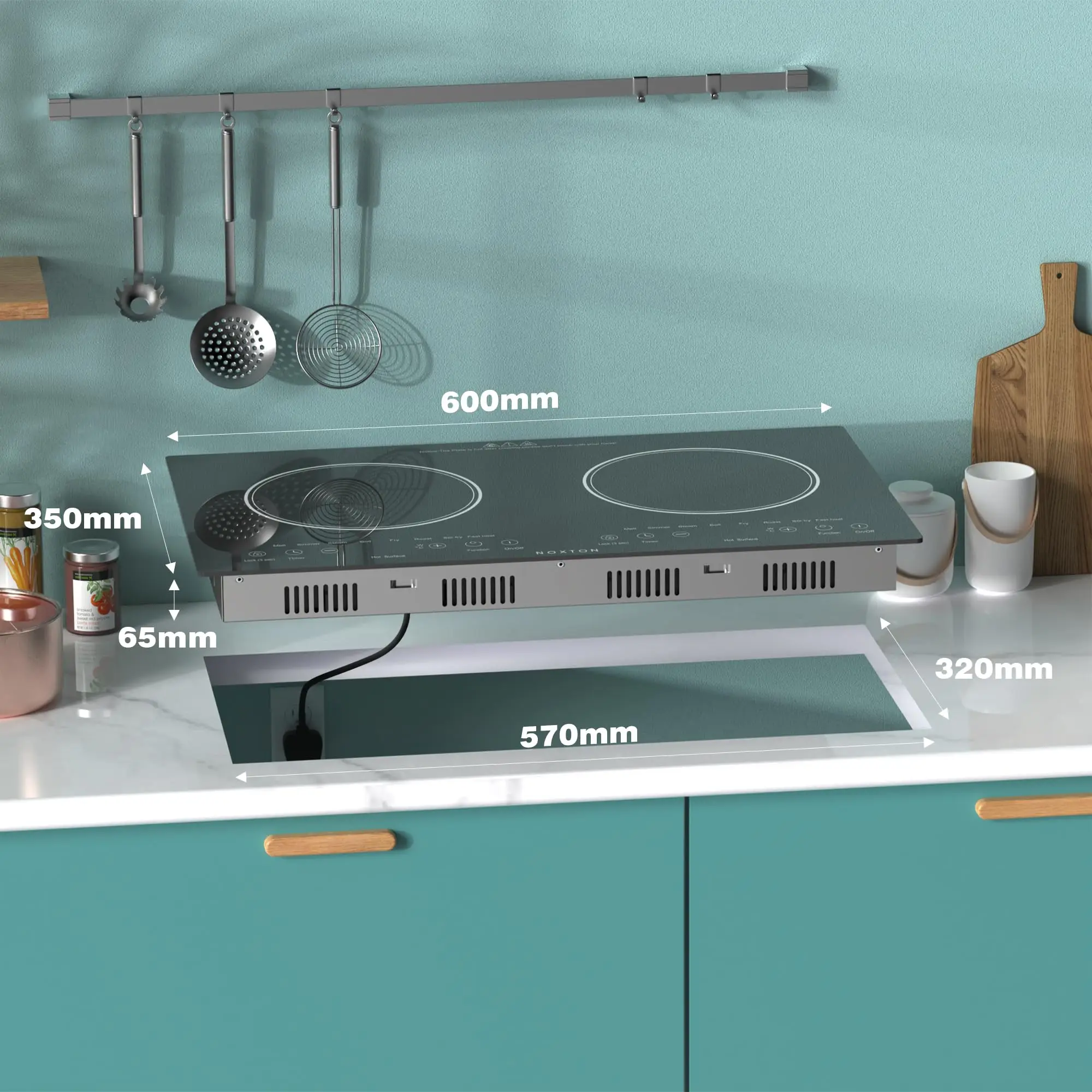 Noxton 2-Brenner-Elektrokochfeld, 61 cm eingebauter und Arbeitsplattenherd, Keramikkochfeld mit zwei Brennern, tragbares 110-V-Steckkochfeld