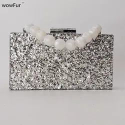 Big Silver Glitter Long Acrylic Box Clutches Handbag Women Designer Luxury Elegant Crossbody Messenger  Chic Evening Party Bags