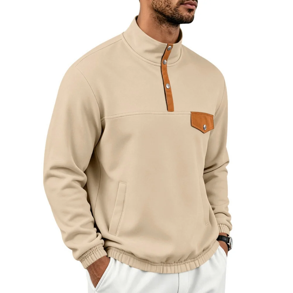 Men Casual Pullover Sweatshirt Sweatshirt Casual Button for top Men Pullover Sweatshirt Polyester Fabric Color Block Pattern
