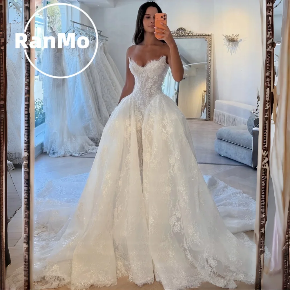 Ranmo Elegantes Brautkleid mit Herzausschnitt, cremefarben, A-Linie, Spitze, ärmellos, mit Schleppe, Vestidos Novias Boda, maßgeschneidertes Brautkleid