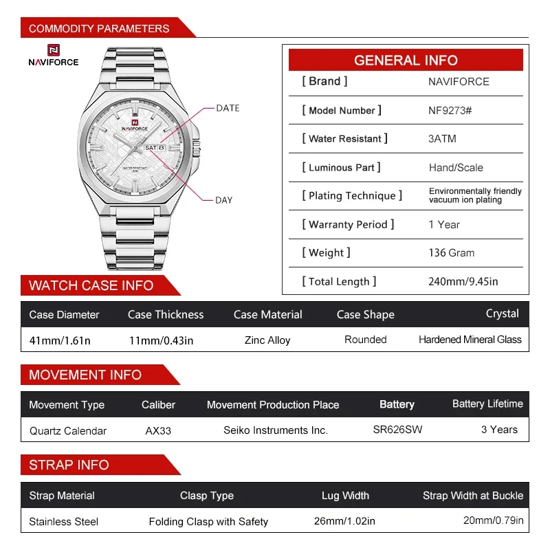 NAVIFORCE NF9273 New Fashion Niche Men's Quartz Watch Waterproof Night Light Weekly Calendar Business Watch