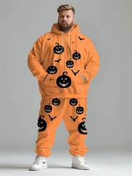 Biggmans Halloween Pumpkin Print Plus Size Outfit Casual Men Hoodie Long Pants Party Suit Club Male Trouser Pocket Two Piece Set