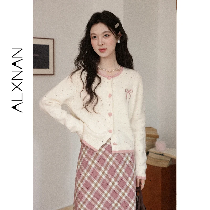 

ALXNAN Women's Knit Cardigan Autumn Winter Cute Bow Heart Button Long Sleeve Sweater Loose-fit Casual Warm Tops Ladies L59527