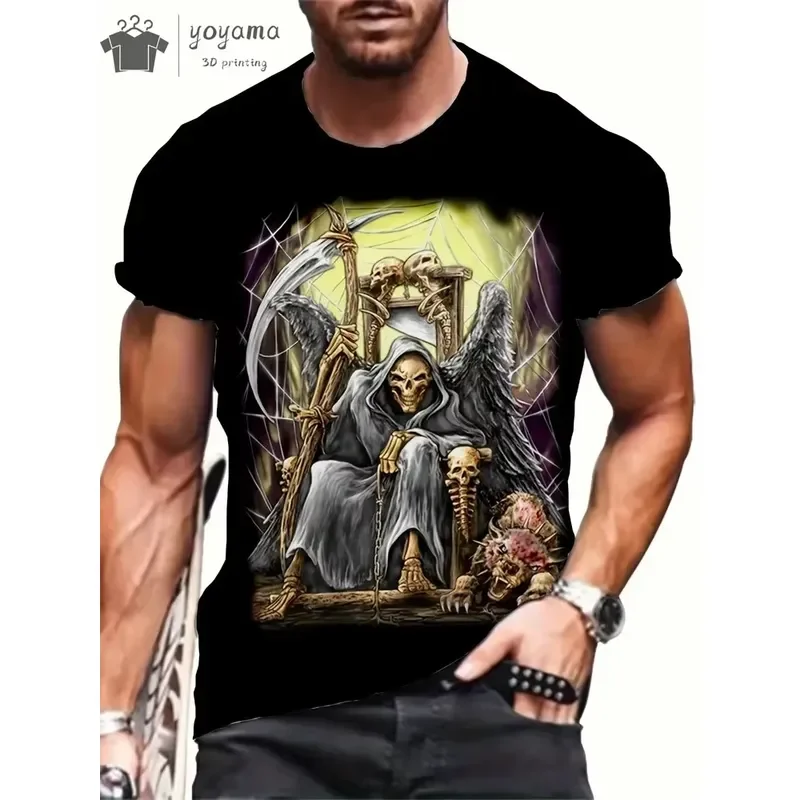 Men's Horror Skull Print T-Shirt 3D Vintage O-Neck Short Sleeve Fashion Oversized Tee Summer Streetwear Casual Top