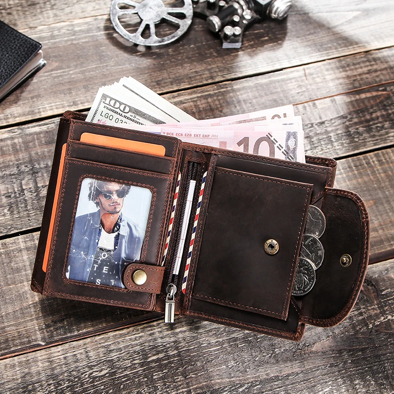 CONTACT'S Genuine Leather Wallets for Men Short Trifold Coin Purses Metal Chain RFID Card Holder Men Money Clip Men's Wallets