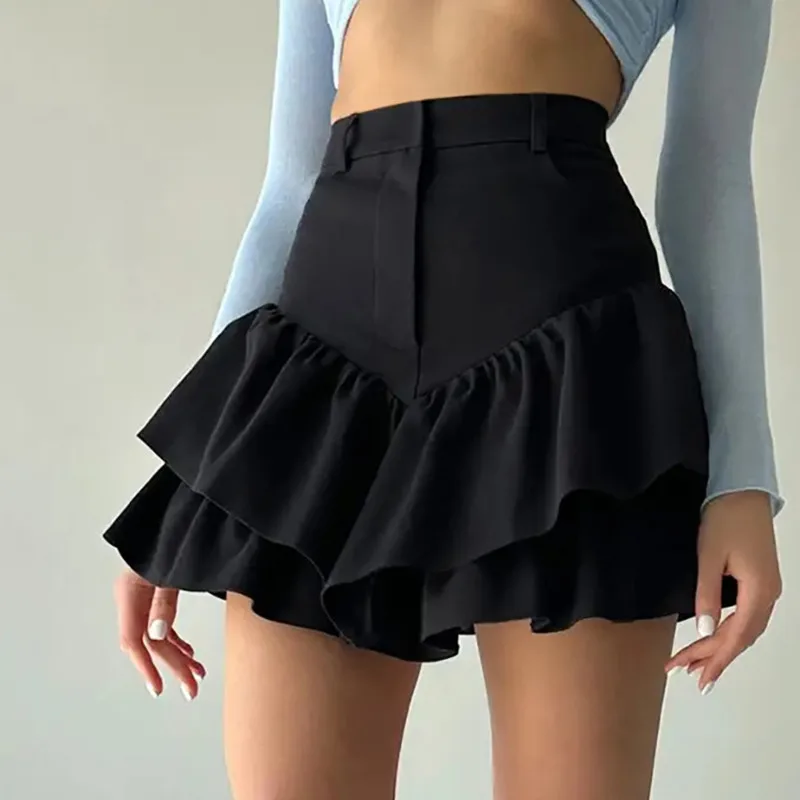 Ruffles Slim High Waist Shorts Skirts Women Black Temperament Splice Casual Street Elegant Skirt Ladies Fashion Folded Design