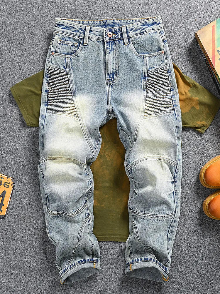 

Мужские джинсы в американском винтажном стиле, с эффектом потертости и плиссированными вставками, свободные прямые широкие джинсовые брюки