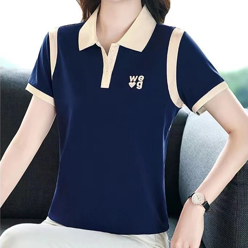 Women Clothing 2024 Summer Korean Fashion Contrast Color Short Sleeve Polo T-shirt Elegant Letter Embroidery Button Sports Tops