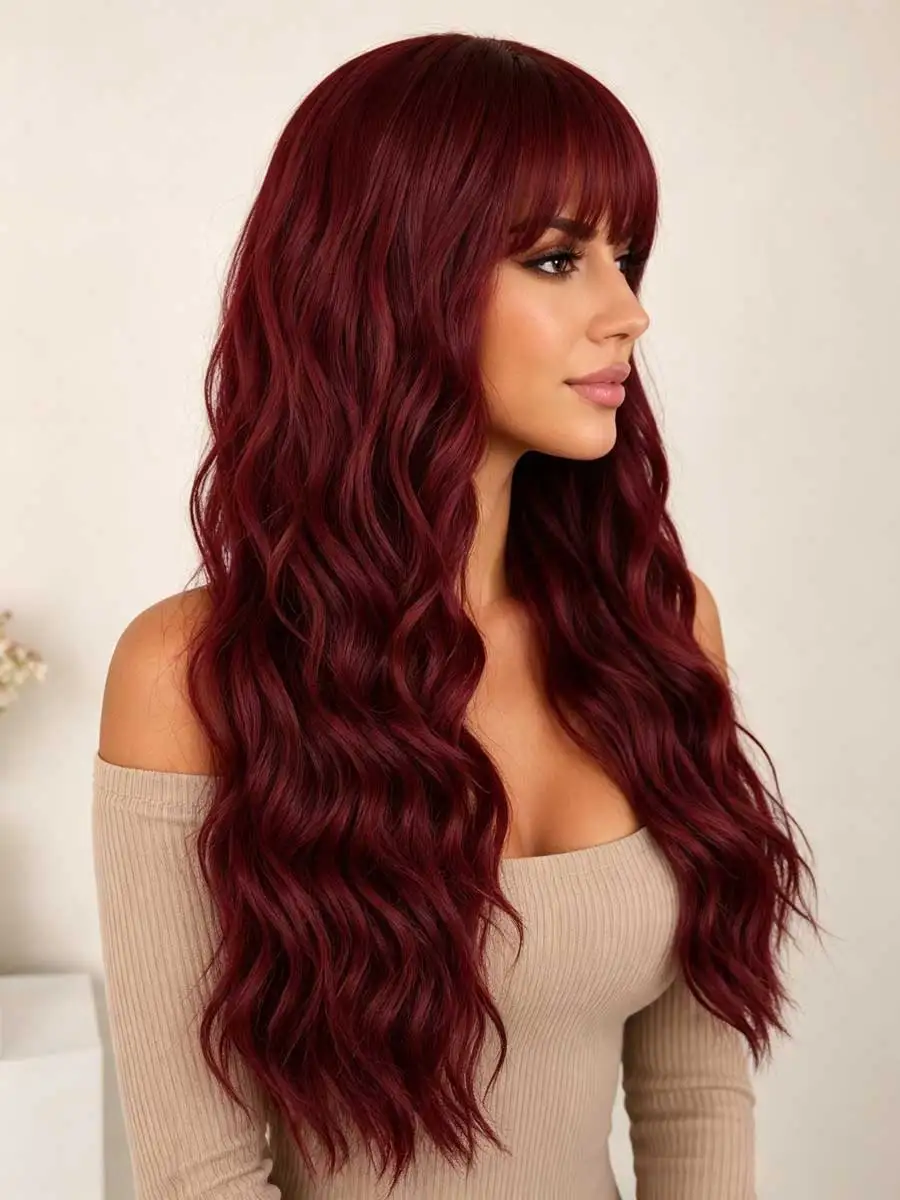 Realistic Wine Red Long Wavy Wig with Straight Fringe, Machine Made Synthetic Water Wave Hairpiece, Low Maintenance Styling Wigs for African American Women Club & Daily Look image 4