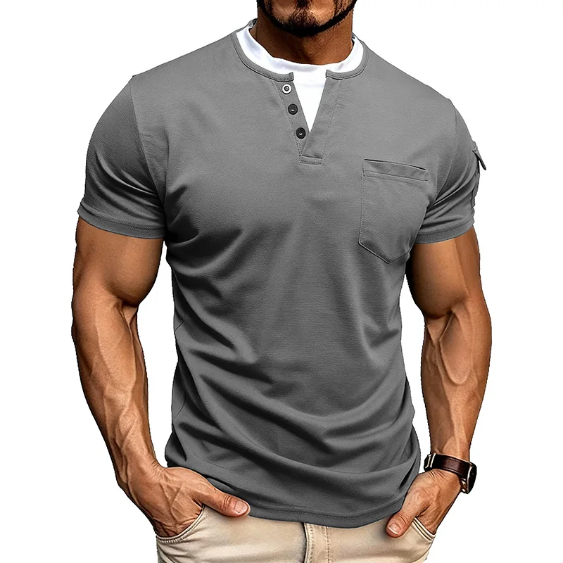 2025 Summer Mens T shirt American Style Fake Double Layer Crew Neck Top