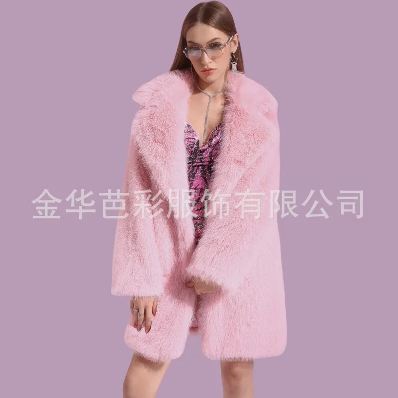 Women Faux Fox Fur Coat V-neck Pink Mid-length Fashion Loose Warm Faux Fur Temperament Skinny Comfortable Winter Clothes Women