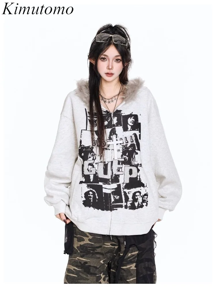 

Kimutomo толстовки женские винтажные пушистые лоскутные верхняя одежда на молнии свободный принт Y2k эстетические куртки в стиле Харадзюку толстовки в стиле гранж