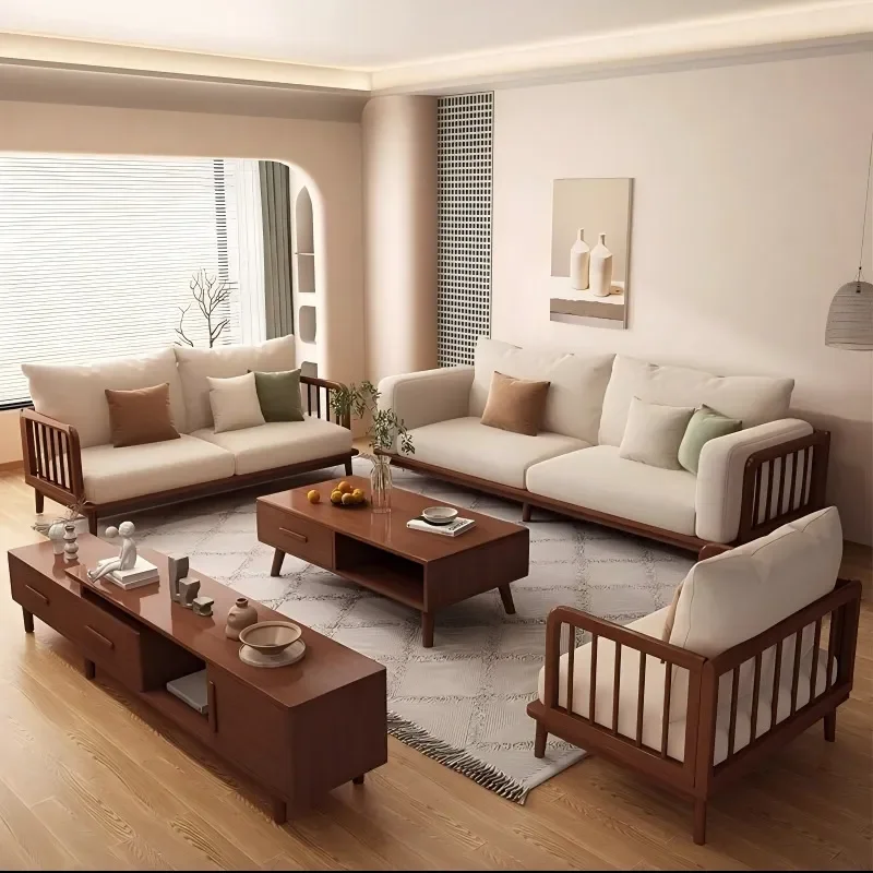 Solid Wood Rubber Wood Sofa Set Living Room Furniture Full Set Small Apartment Wholesale Source Factory Direct Sale