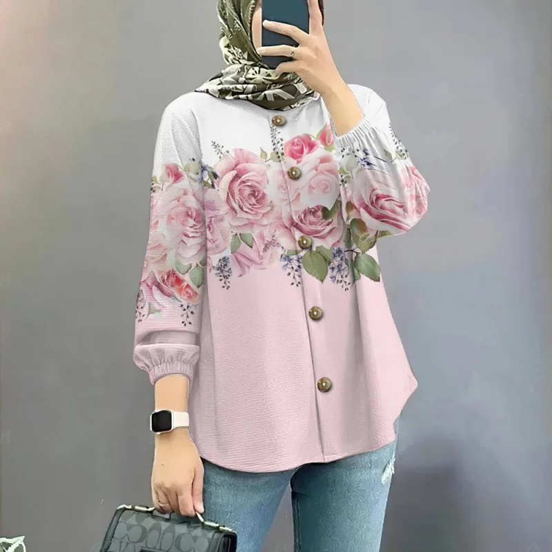 Deepavali Shirts Women's Shirts Long Sleeve Shirt Button Up Puff Flowers Round Neck Affordable Price 2025 Perfect for Diwali