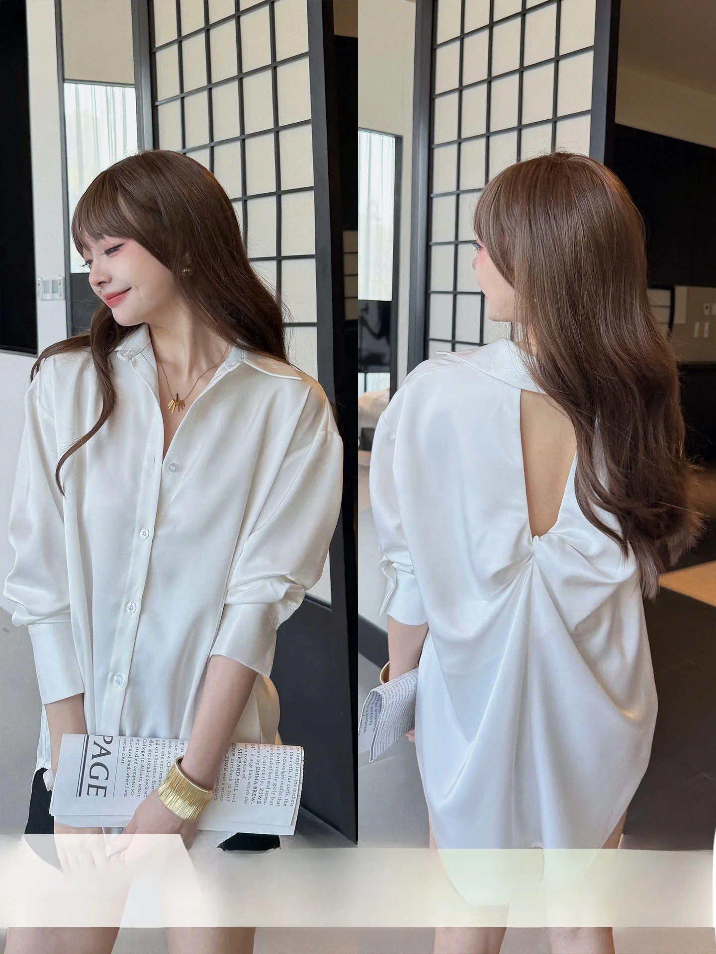 

QCEO Women's Satin Shirt Loose Fit Back Knot Hollow out Commute Style Long Sleeve Flip Collar Mid-Length Open Cardigan