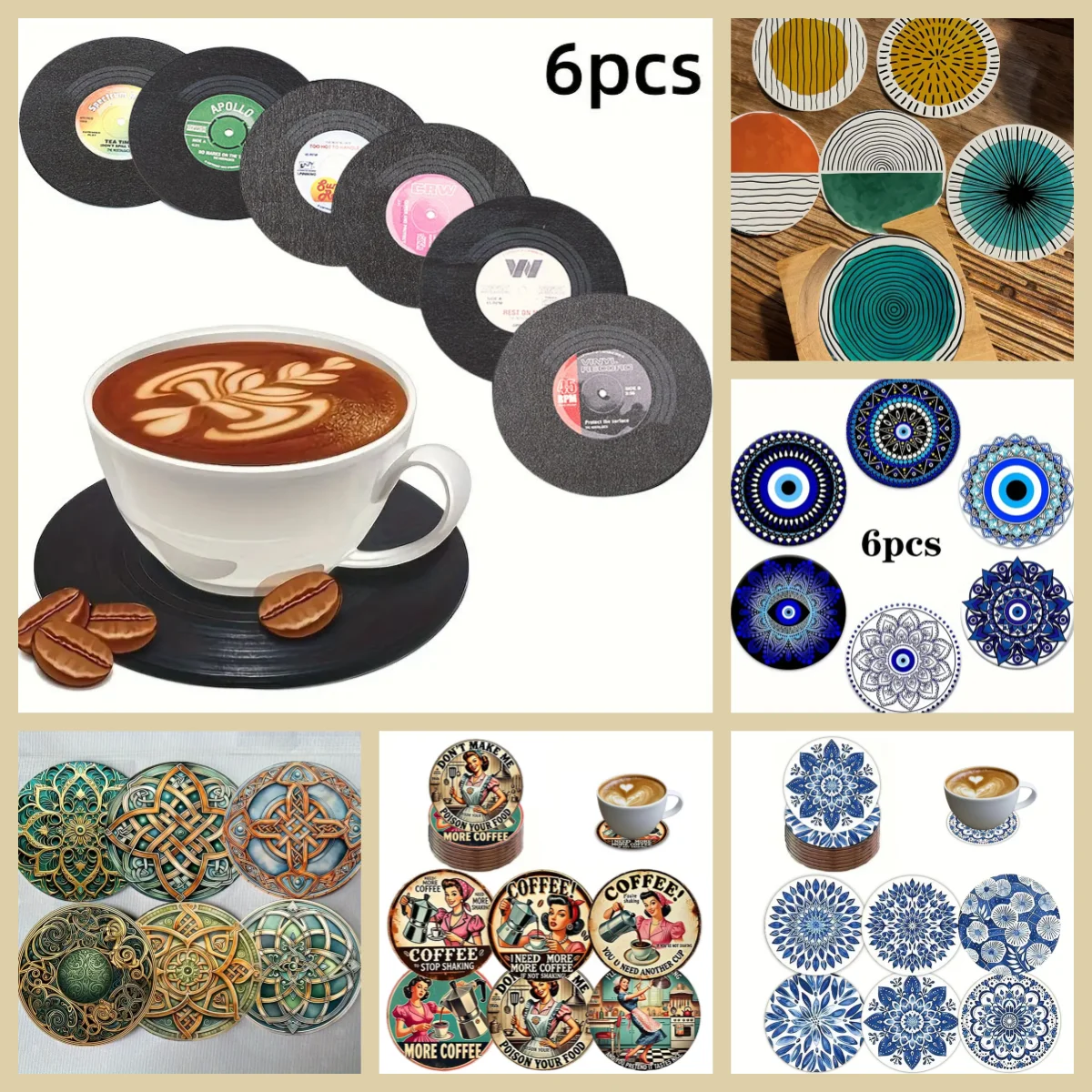 6 cartoon/mandala patterned wooden anti-slip and heat-insulating coasters, New Year's gifts for the living room party