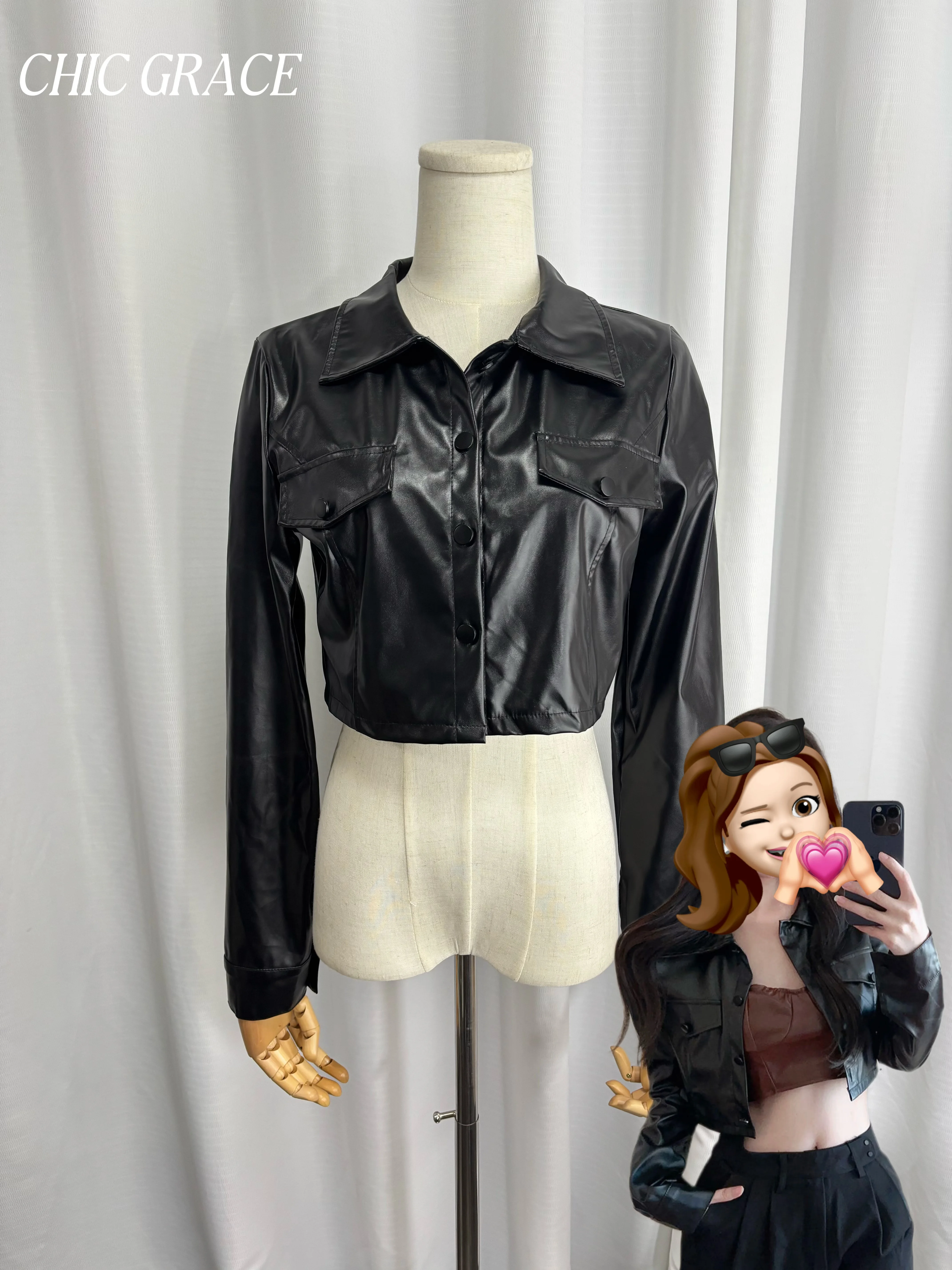 

Fall French Spicy Girl Crop Leather Jacket Women's Long Sleeve Navel-Exposed Streetwear Pure Color Versatile Edgy Short Coat Ins