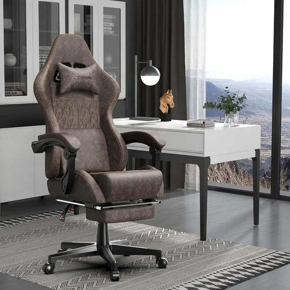 Ergonomic High-Back Gaming Chair with Massage, Reclining Race-Style Chair for Adults, Chestnut Brown