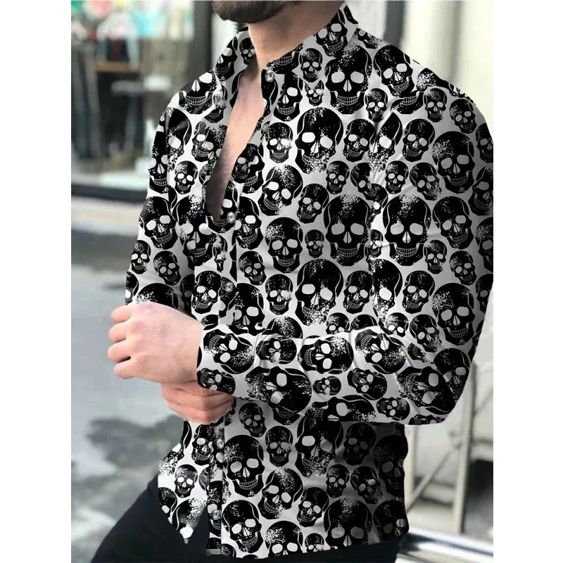 Y2k Hawaii New Men Skull Long Sleeve Shirts Tops Social Print Fashion Luxury Floral Clothing Casual Plus Size Tees Streetwear