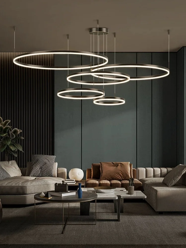 

Modern Pendant Chandelier Home Lighting - Brushed Circle Rings Ceiling Mounted Hanging Suspension Lamp in Gold Black Coffee