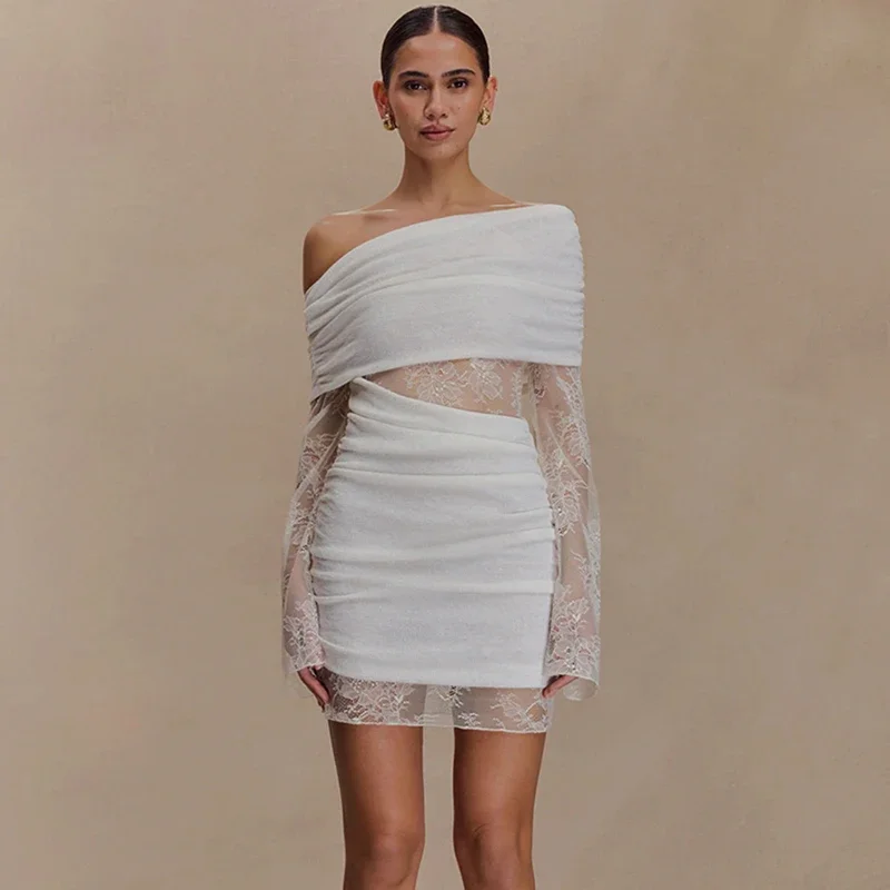 

Lace Splice Diagonal Collar Dress For Women Fashion See Through Slim Mini Ruched Dress Autumn 2025 New Party Clothes