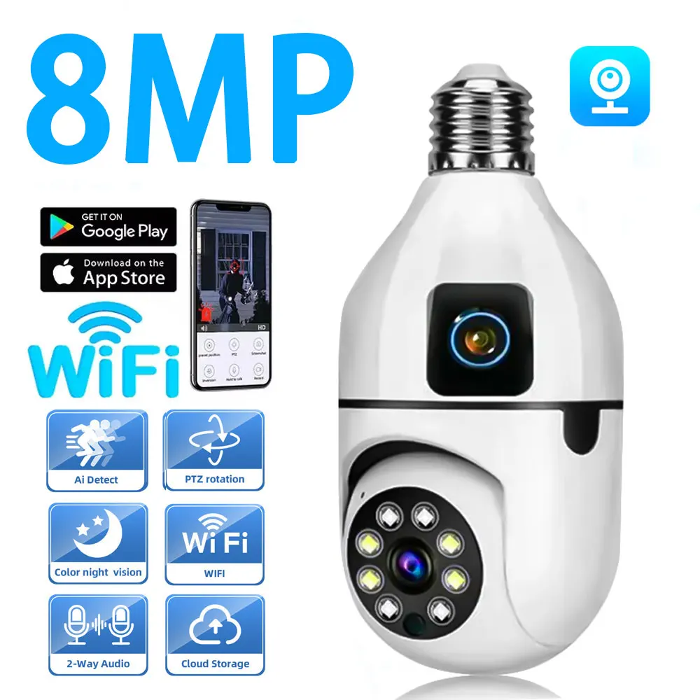 

8MP Wireless E27 Bulb Wifi Camera Two Way Voice AI Human Detection Security Baby Monitor 4X Digital Zoom HD Surveillance Cameras