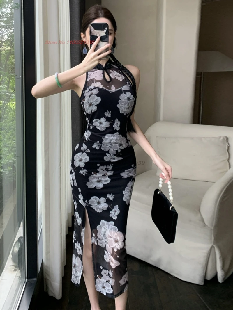 

Східное винтажное платье 2025 года, улучшенное сетчатое Cheongsam, традиционное вечернее платье с цветочным принтом, ретро-платье для банкета, ночного клуба, qipao