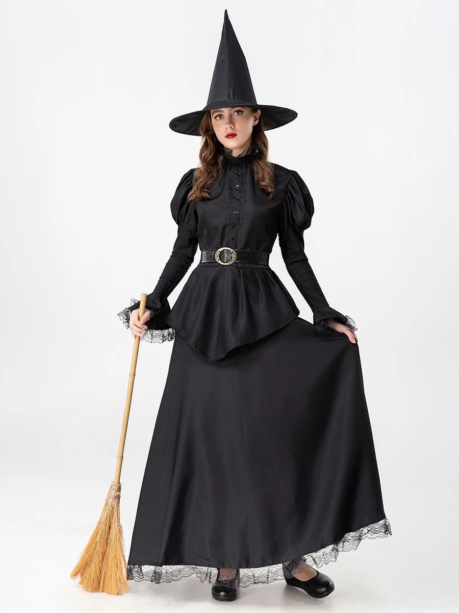 Women s Halloween Witch Costume Set with Long Flared Sleeve Belted Dress Wizard Hat and Accessories for Cosplay Party