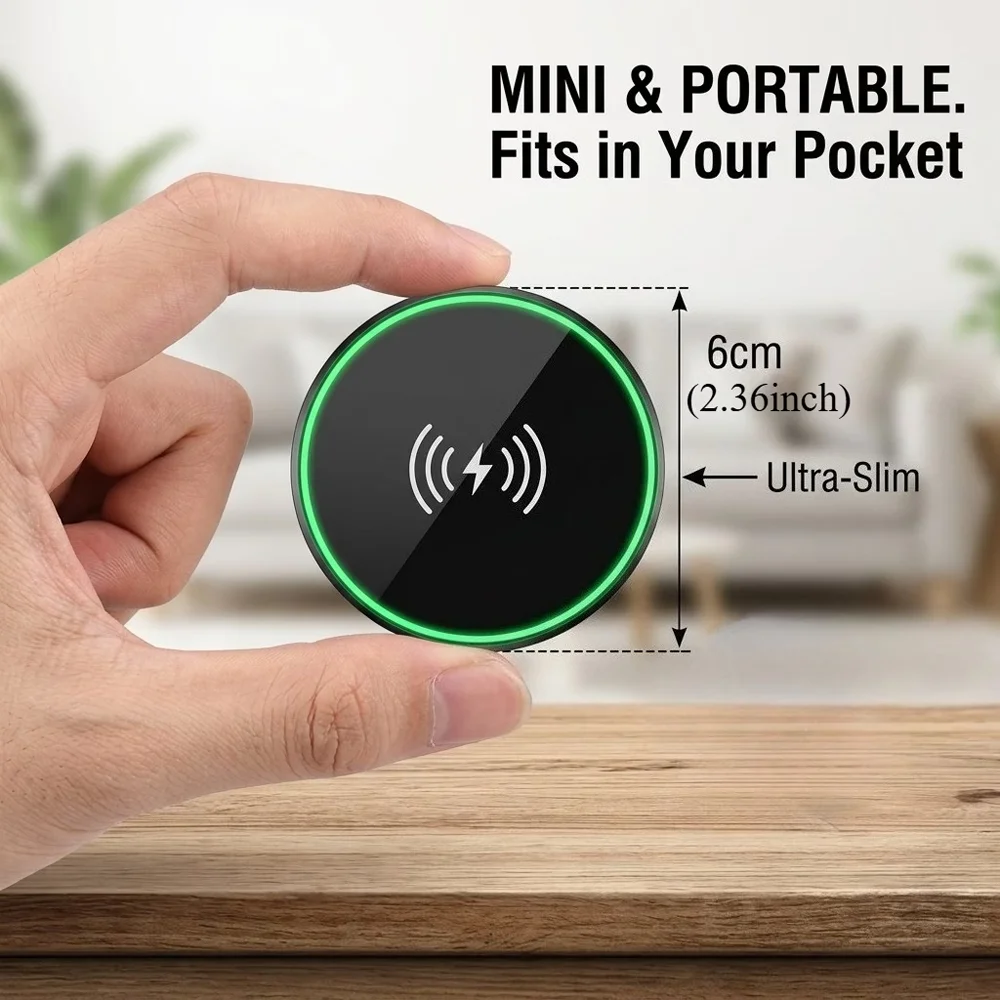 Ultra Thin Fast Wireless Charger Pad 5.99x5.99cm Mini Compact Portable Charging Station for iPhone Samsung Galaxy AirPods Pro
