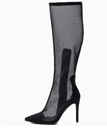 Black Suede Air Mesh Pointed Toe Knee High Boots Hidden Zipper Thin Heels Slim Modern Long Boots Women Patchwork Run Way Boots