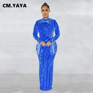 CM.Yaya-Women Mesh Long Sleeve Bodycon Midi-Kleid, Diamanten, heiße Kieselsteine, Maxi-Tankkleid, innere Kleider, 2 Stücke Anzug 8 Hauptverkäufe langes Chiffon gepresstes Kleid - №6