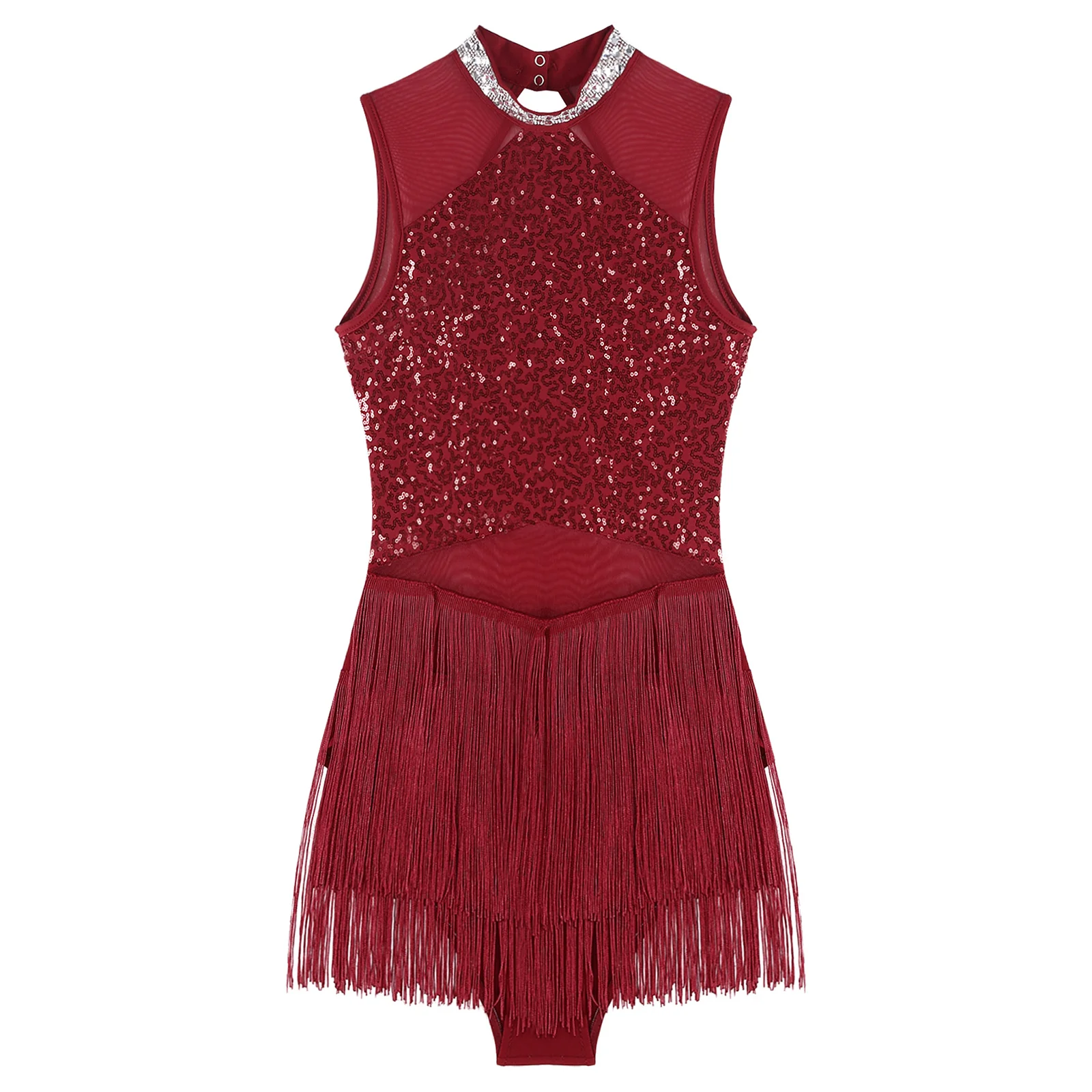 Women Sequins Tassel Leotard Latin Tango Salsa Dress Rhinestones Halter Sleeveless Fringe Bodysuit Cha-Cha Samba Dancewear