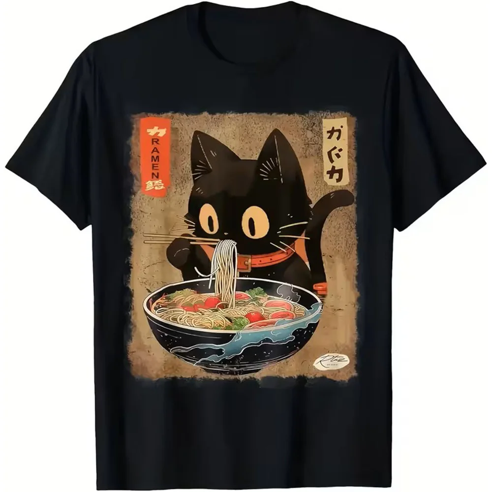 Camiseta Gráfica de Anime Japonés con Diseño de Gato Ramen para Hombre y Mujer, Camiseta Casual de Manga Corta, Estilo Urbano, Holgada, para Amantes de los Gatos