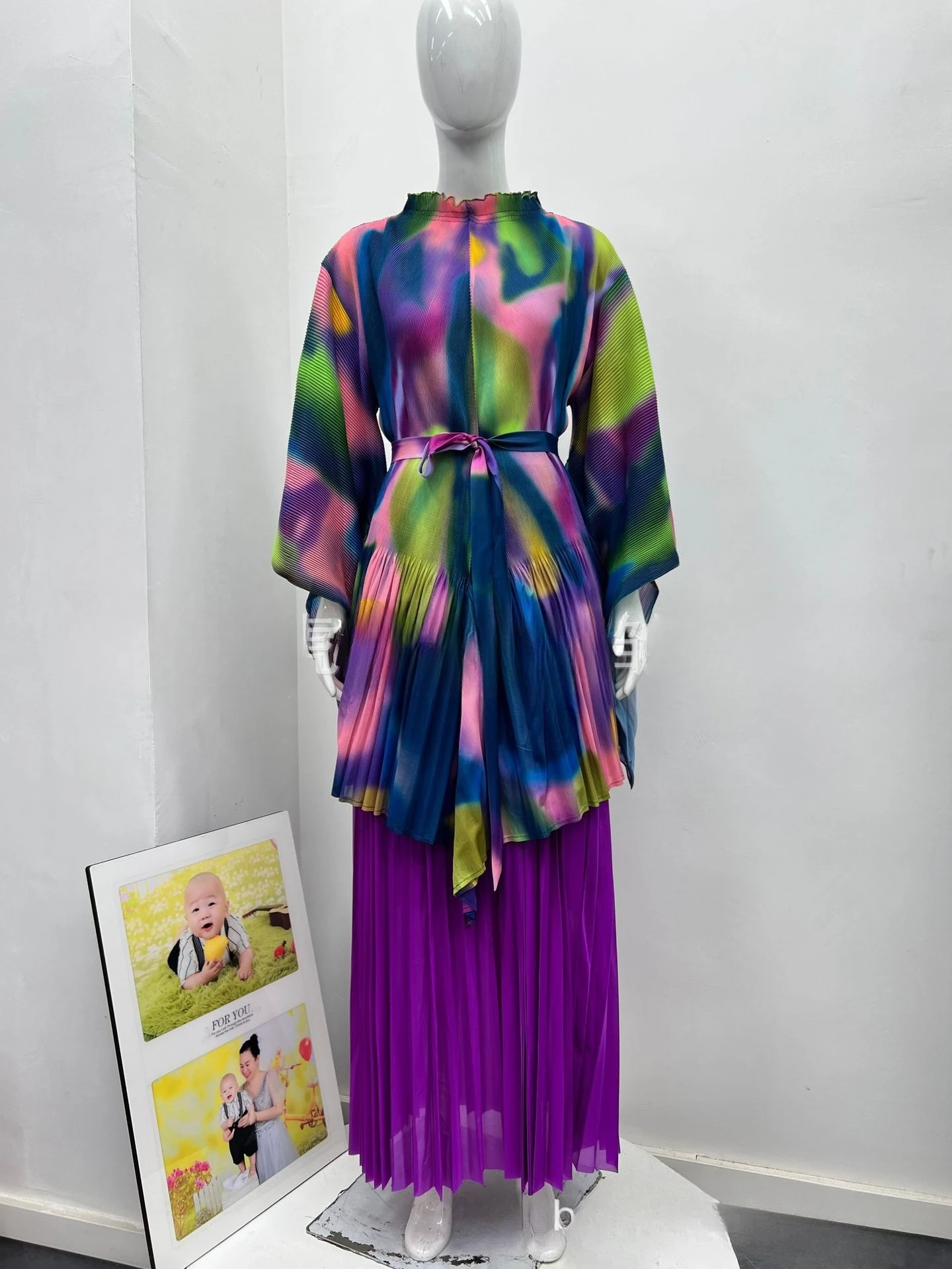 미야케 플리츠 2025 가을 신상 프린트 불규칙 세트 스트랩 루즈핏 여성 스커트 투피스 세트