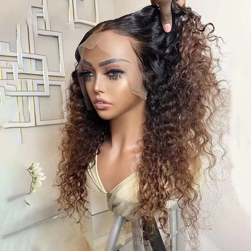 

Long 180Density 24Inch Ombre Brown Kinky Curly Lace Front Wig For Women BabyHair Heat Resistant Glueless Daily Wig Fashion