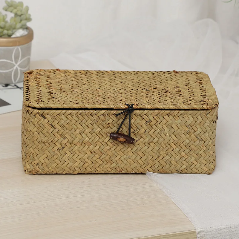 

KNCOKAR Square rectangle classic retro seagrass woven storage box desktop finishing gift storage basket handmade crafts