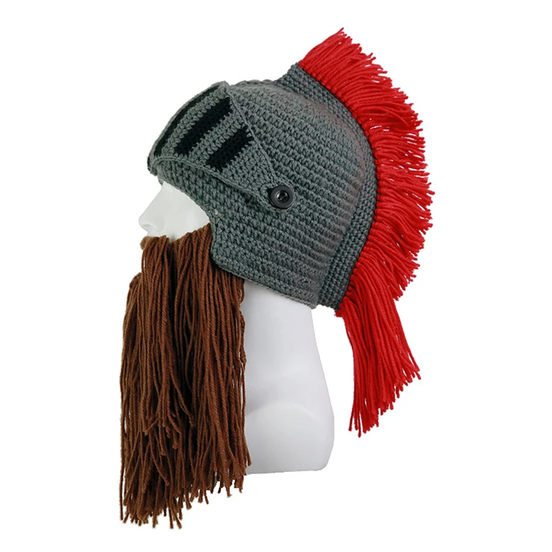 Red Tassel Cosplay Roman Knight Knit Helmet Men Cap Original Barbarian Handmade Winter Warm Beard Hats Funny Beanies Party Gifts