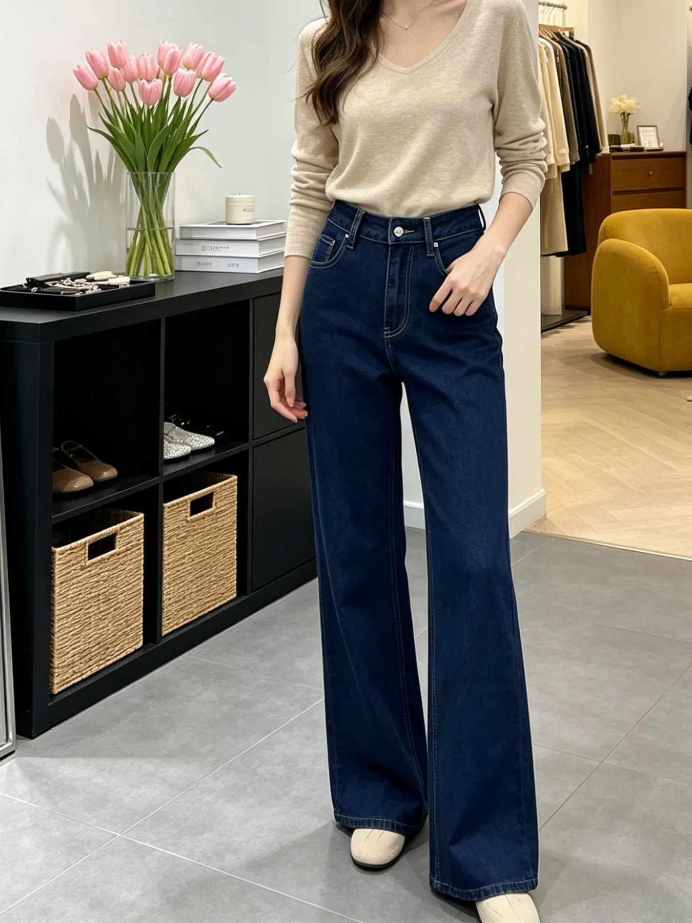 Women's High-Waisted Dark Blue Wide-Leg Jeans, Made of High-Quality Crisp Fabric. Neat Tailoring That Flatters the Figure.