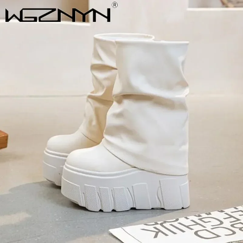 14CM New Ankle Booties Shoes Natural Microfiber Leather Boots Luxury Winter Women Motorcycle Boots Platform Ladies Fashion Botas