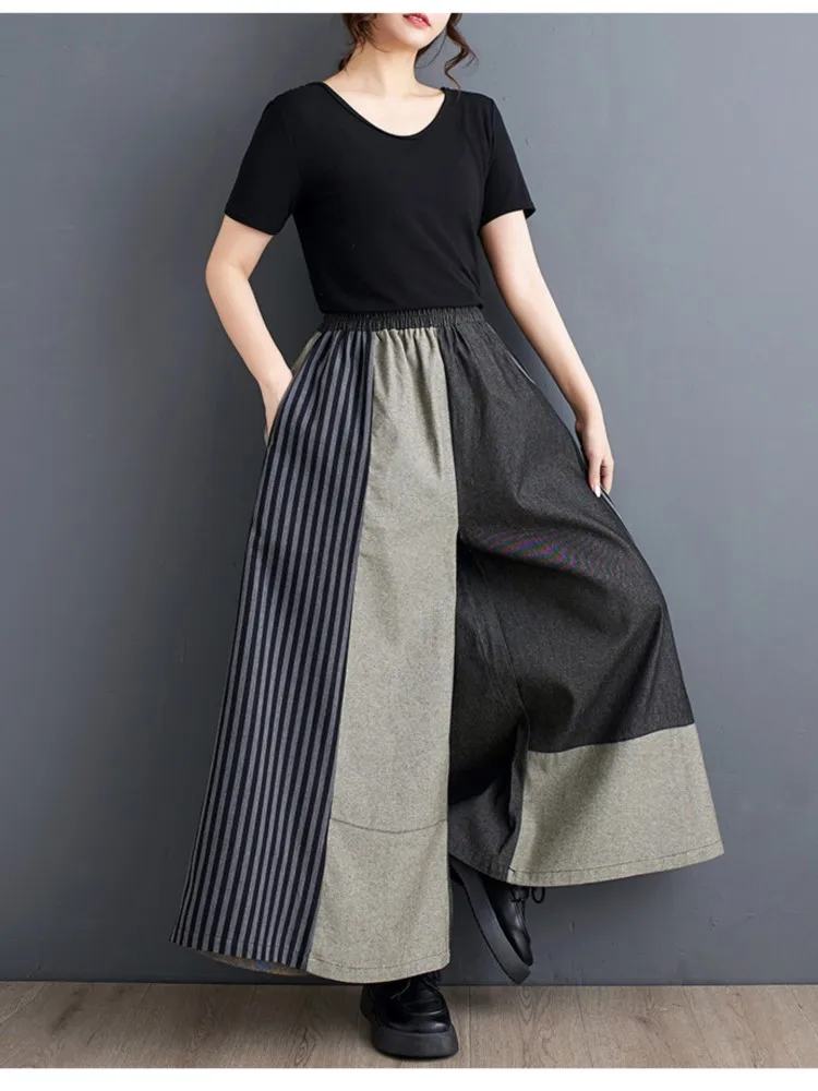 Oversized Summer Denim Striped Print Patchwork Pant Women Wide Leg Loose Pleated Fashion Ladies Trousers Casual Woman Pants