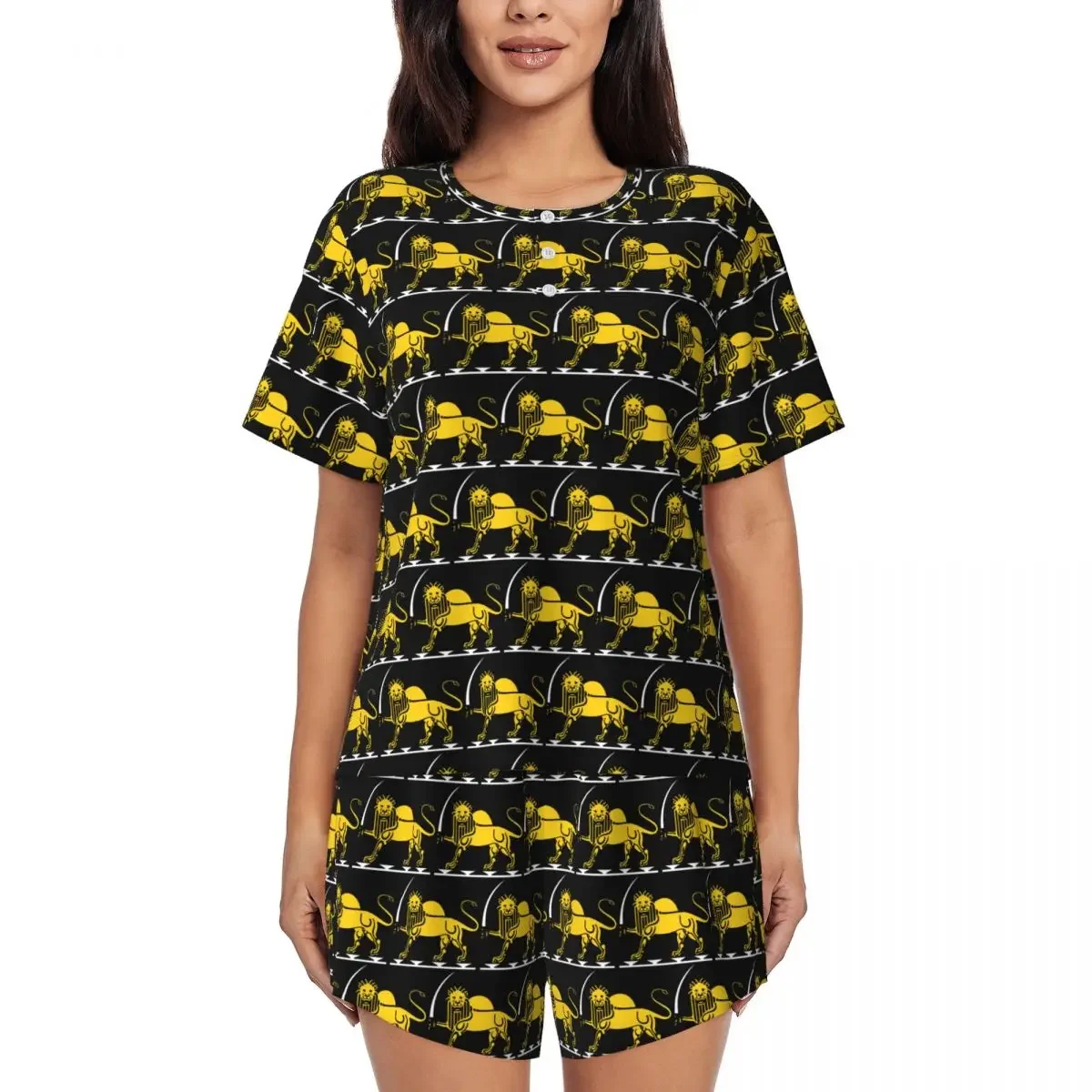 

Iran Flag Emblem Persia Sun Lion Round Neck Short Sleeves Nightdress for Sleeping Sleepshirts Women Soft Pajama Set Short Pants