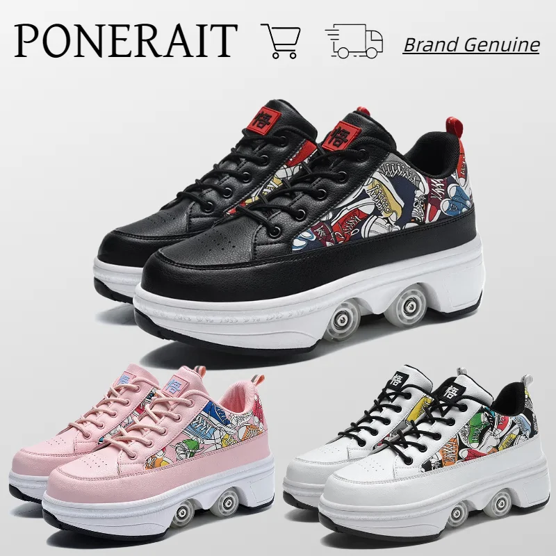 

PONERAIT Double-Row Deformation Retractable Four wheels Stylish Roller Skate Shoe Durable Outdoor Casual Sneaker