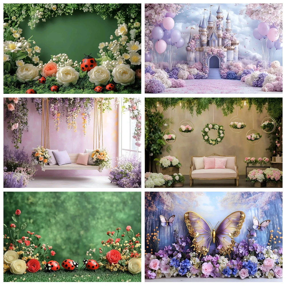 

Butterfly Castle Floral Garden Photography Background Kids Birthday Party Portrait Decor Backdrop Photo Studio Props Supplies
