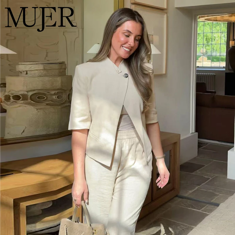 

MUJER Office Cropped Blazer Coat Women Double Breasted Casual Blazer Woman Short Sleeve Fitted Coats for Woman New in Outerwears