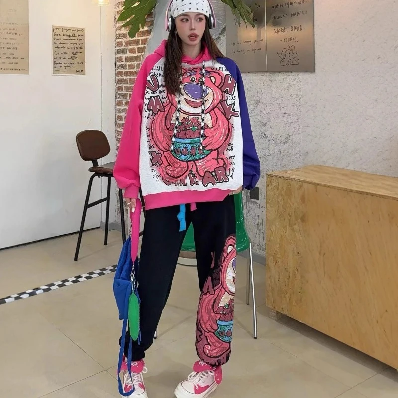 

Suit Large Size Splicing Contrasting Color Hooded Sweater Cartoon Sweatpants Autumn New Fashion Foot Tie Two-piece Set