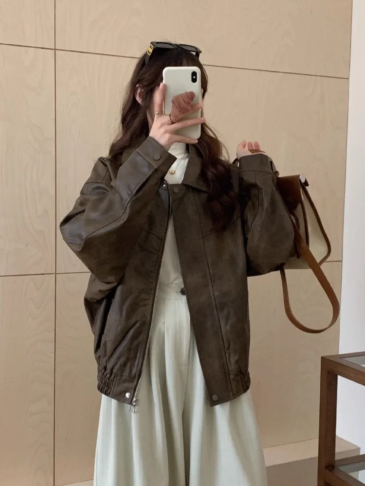 

Leather Trench Coat for Women Zipper Jacket Fashion Women's Jacket Brown Women's Faux Jacket Luxury Women's Moto Biker Outerwear
