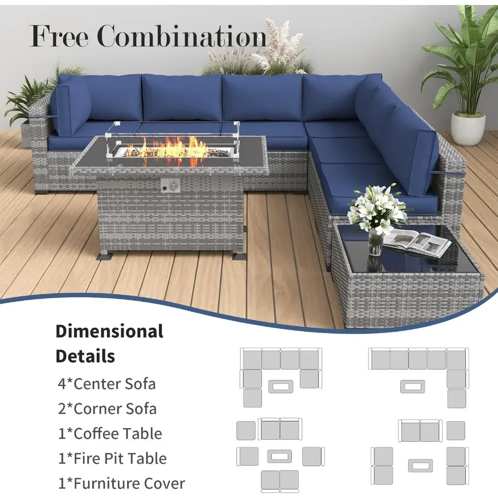 Muebles de patio con mesa para fogones, muebles de patio para exteriores de 8 piezas, muebles de mimbre con cubierta impermeable, mesa para fogones de gas de 44"