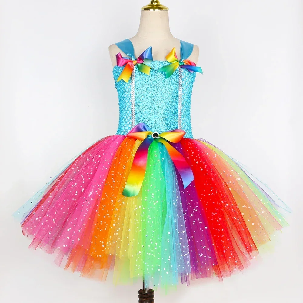 Fairy Costume for Girls Glitter Rainbow Tutu Dress with Butterfly Wings Toddler Kids Halloween Birthday Party Princess Dresses