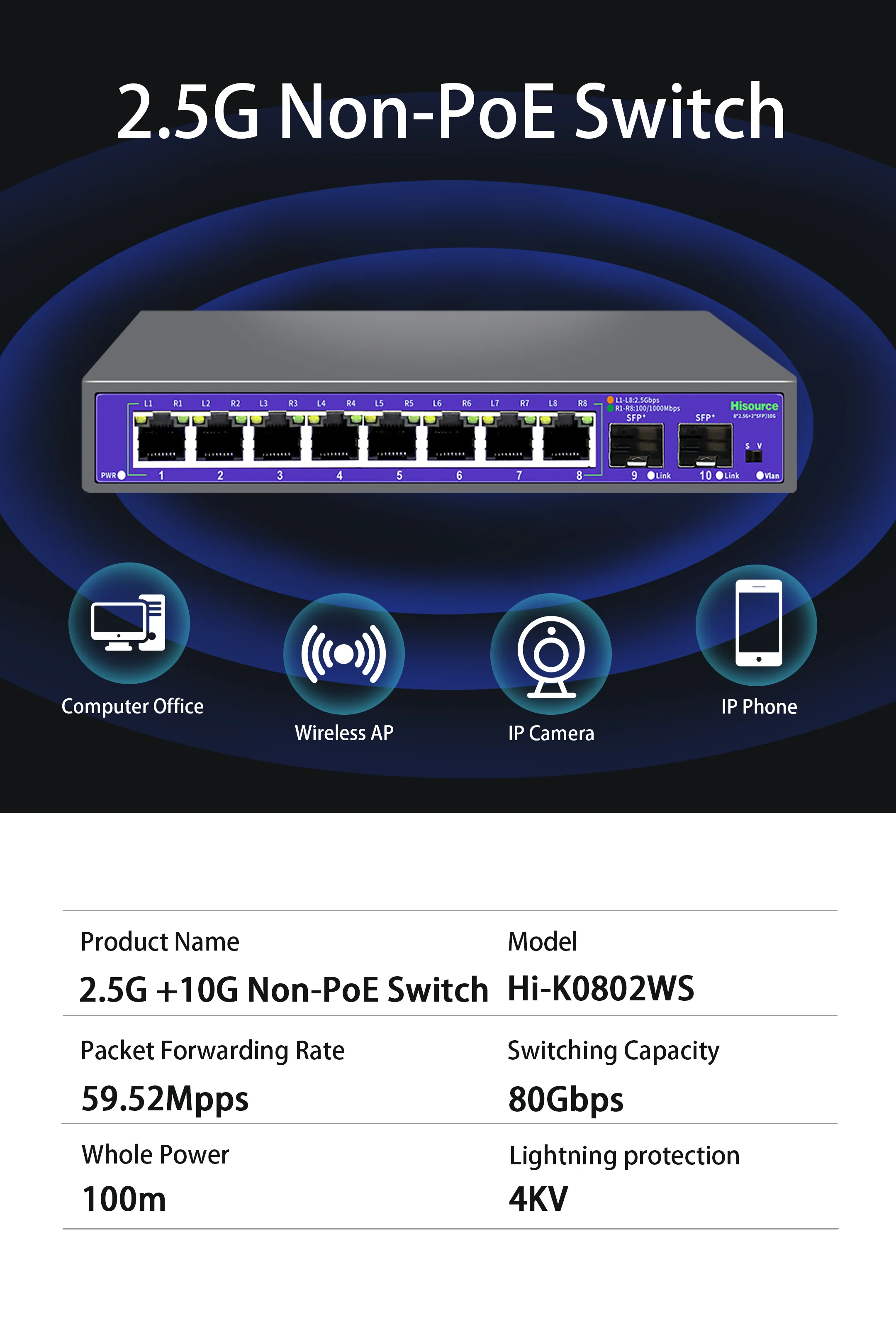 Hisource 2.5G None-POE Network Switch 8 Port  Ethernet Switch with 2*10G SFP+ for IP Camera/NVR